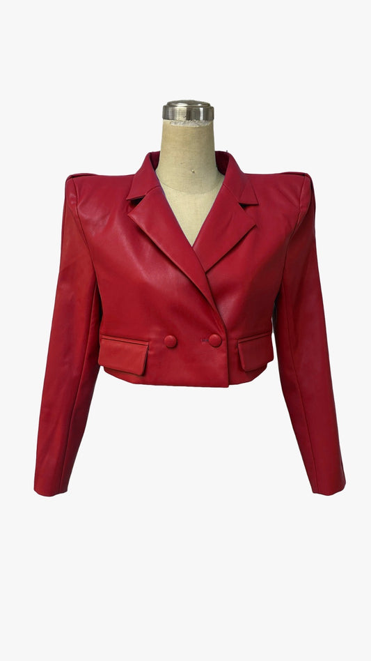 Vegan Leather Cropped Blazer Crimson Red