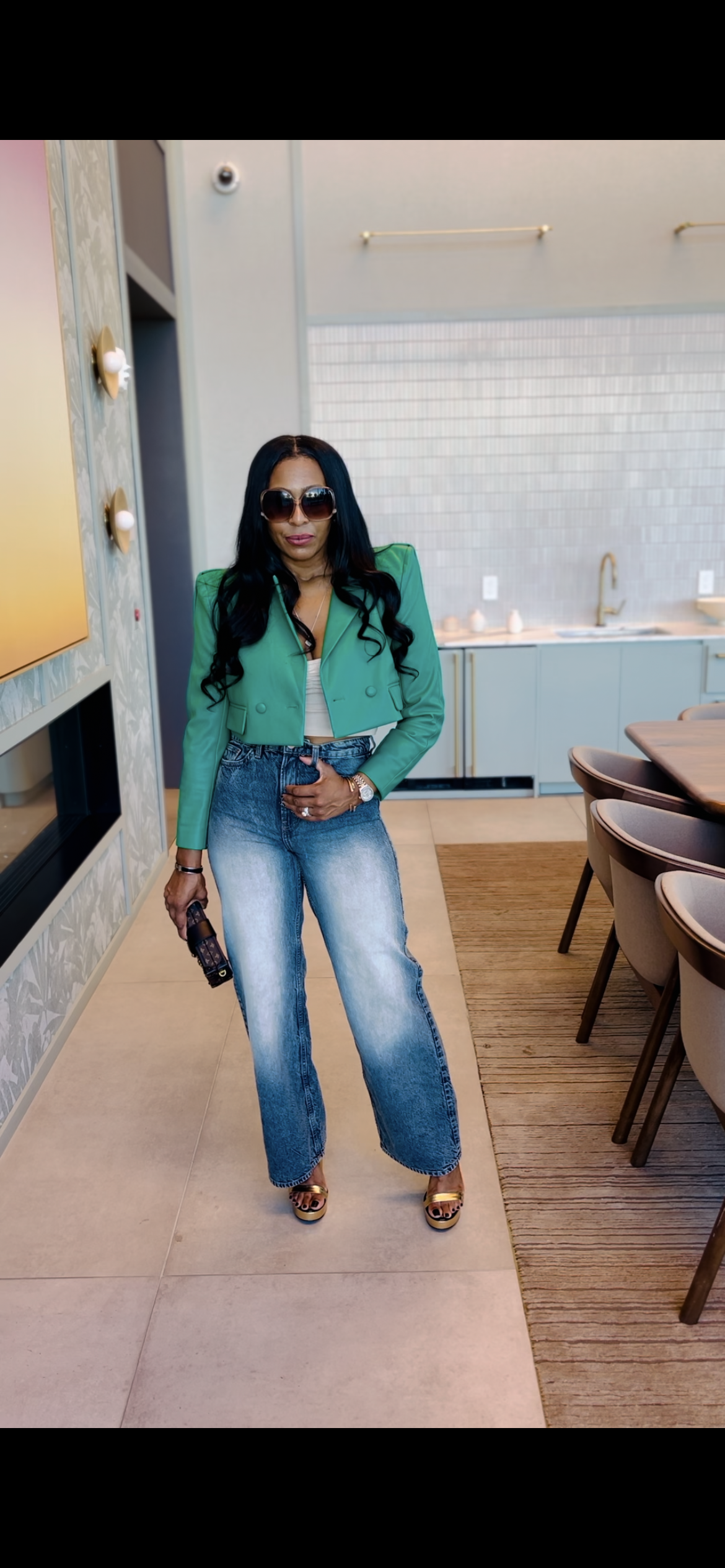 Vegan Leather Cropped Blazer Kelly Green