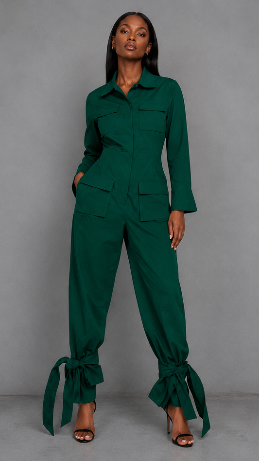 A woman modeling a dark green long-sleeve jumpsuit with front flap pockets and tie details at the ankles, standing against a plain gray studio background.