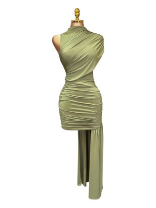 An olive green one-shoulder ruched dress displayed on a mannequin with a gold neck cap against a plain white background.