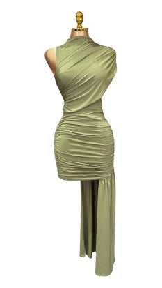 An olive green one-shoulder ruched dress displayed on a mannequin with a gold neck cap against a plain white background.