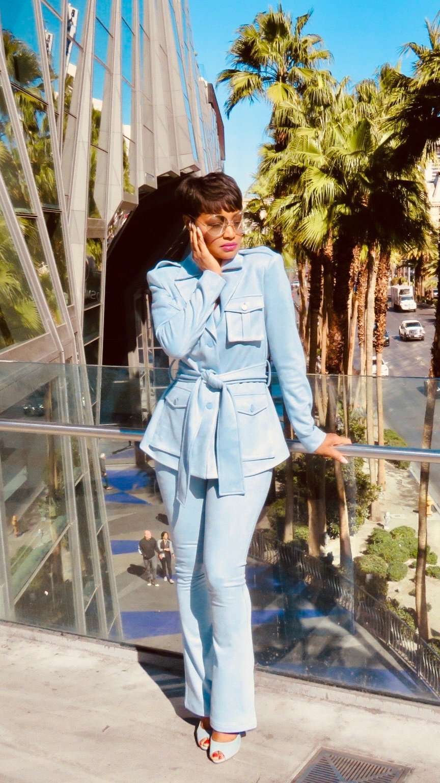 Material Guy Gal Home Belted Powder Blue Suede Cargo Suit