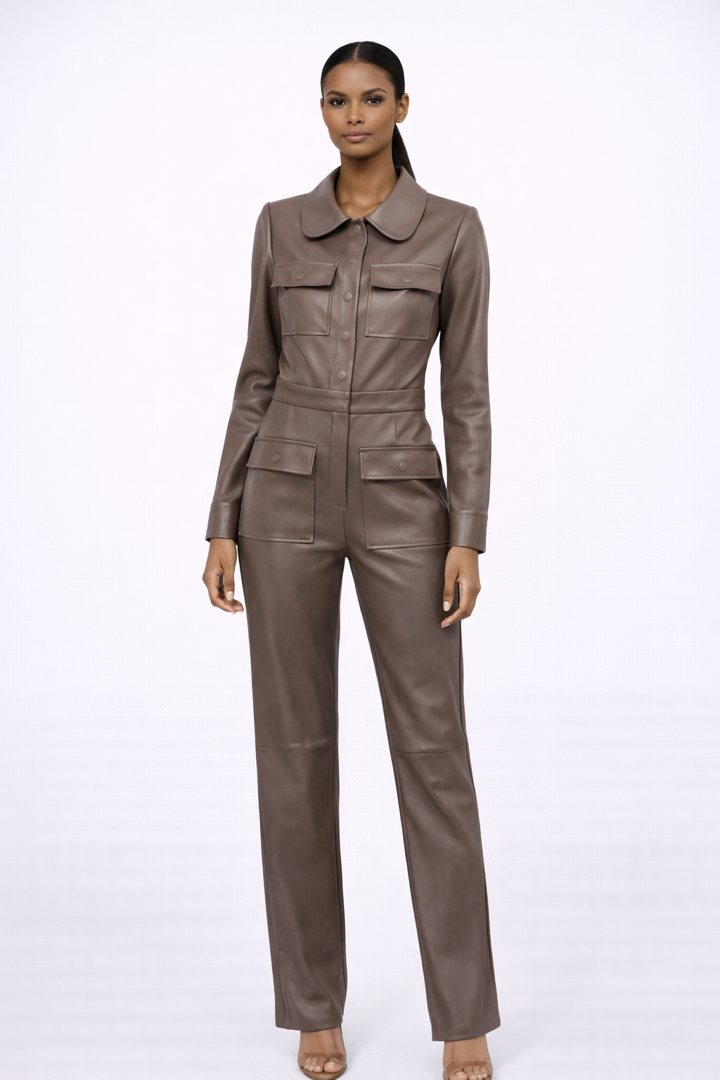 Vegan Leather Cargo Jumpsuit Brown