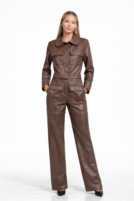 Vegan Leather Cargo Jumpsuit Brown