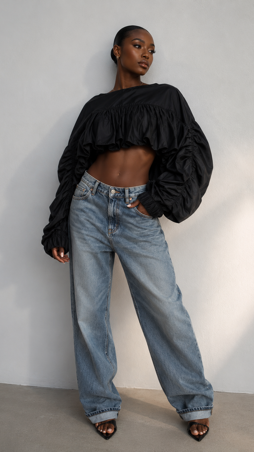 A model wearing a black long-sleeve ruffled crop top and light-wash wide-leg jeans, standing against a neutral light gray wall.
