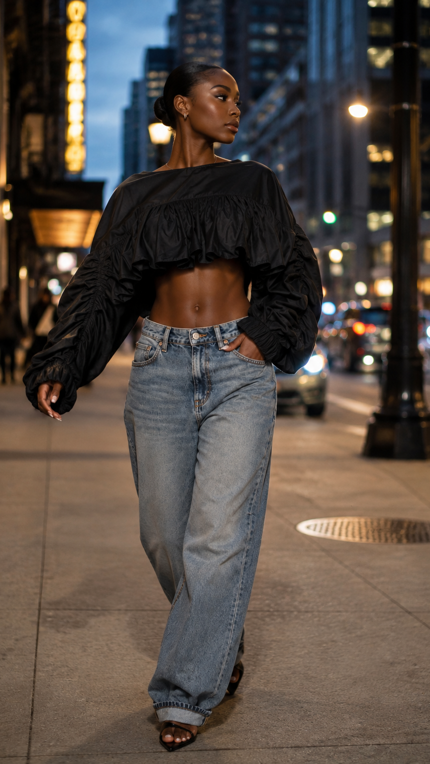 A woman walking on a city street at night wearing a black off-the-shoulder cropped long-sleeve top and light-wash blue jeans.