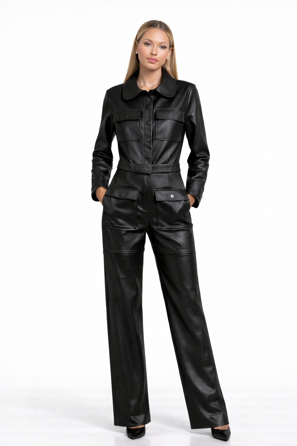 Vegan Leather Cargo Jumpsuit Black