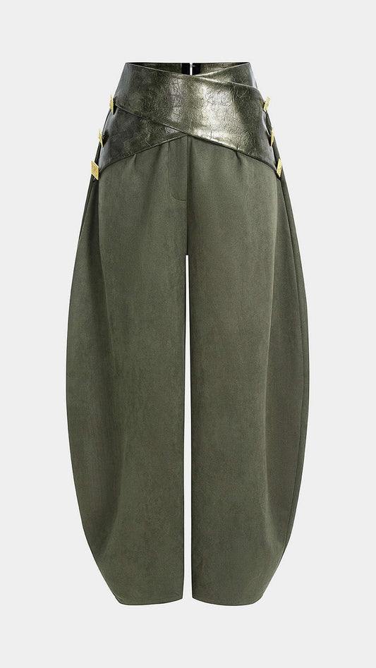 Olive green wide-leg pants with a metallic dark green wrap-around waist belt and gold-tone hardware, shown on a light gray background.