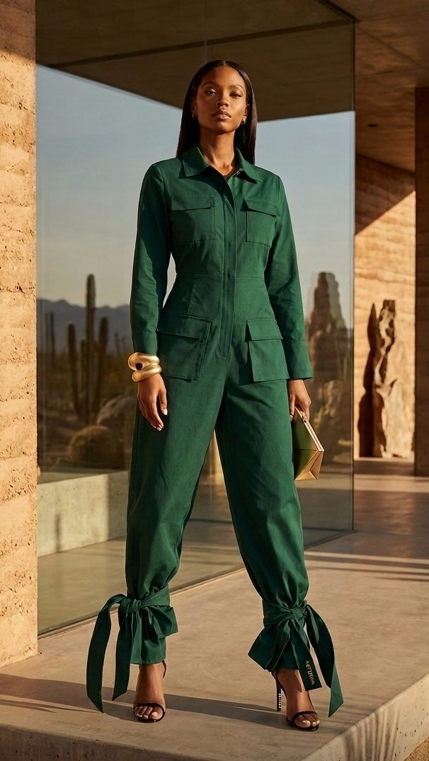 A model stands on a concrete platform in a desert architectural setting, wearing a dark green long-sleeve fashion cargo jumpsuit with tie details at the ankles and brown high-heeled sandals.