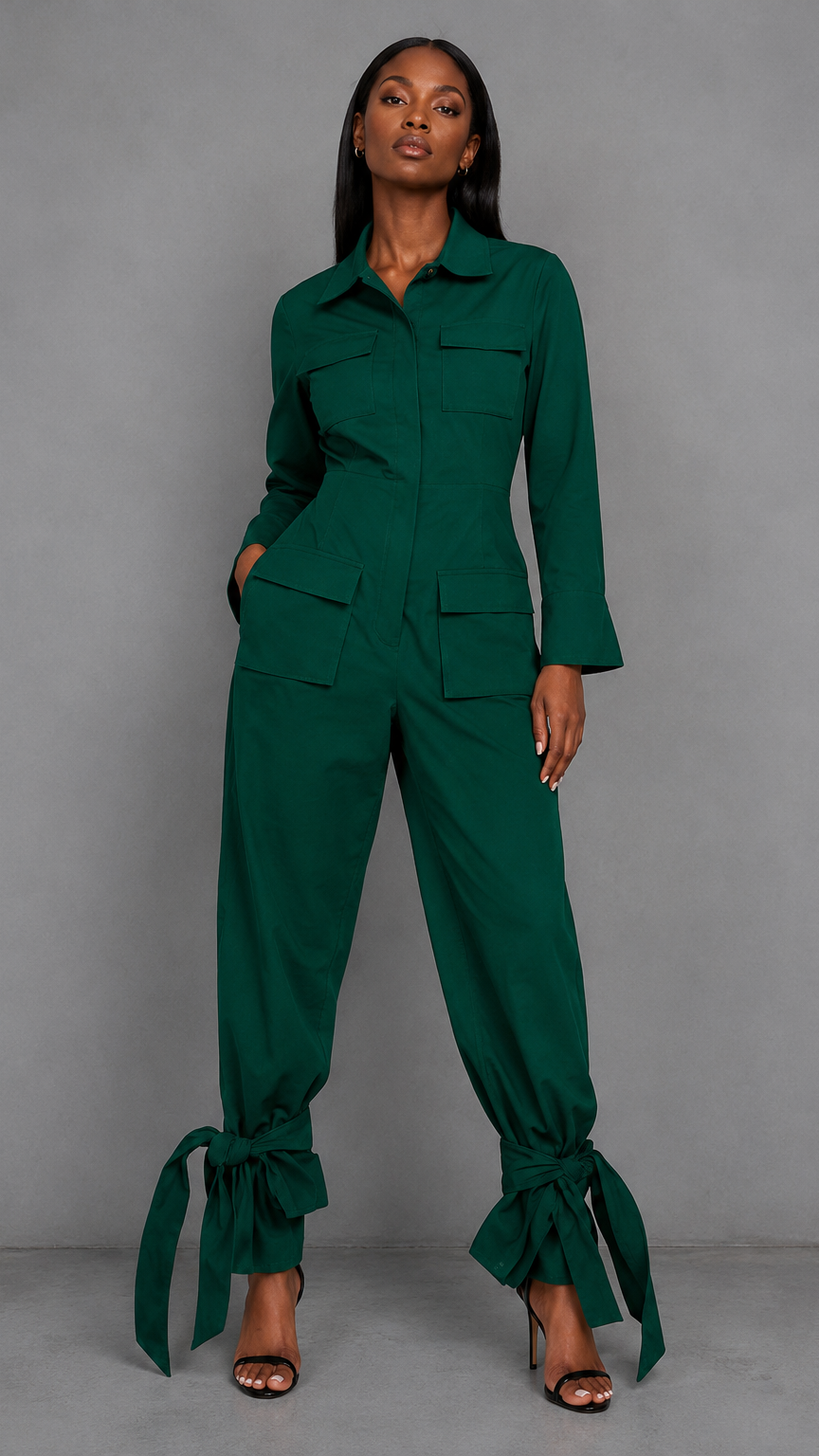 A woman modeling a dark green long-sleeve jumpsuit with front flap pockets and tie details at the ankles, standing against a plain gray studio background.